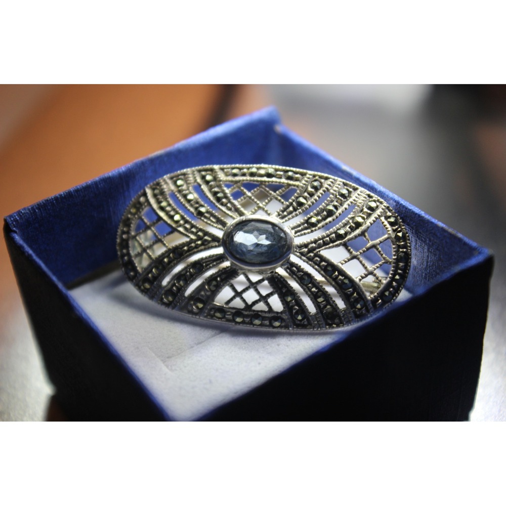 VTG 925 Sterling Silver Marcasite Brooch Pin Light Blue Oval Gemstone Filigree